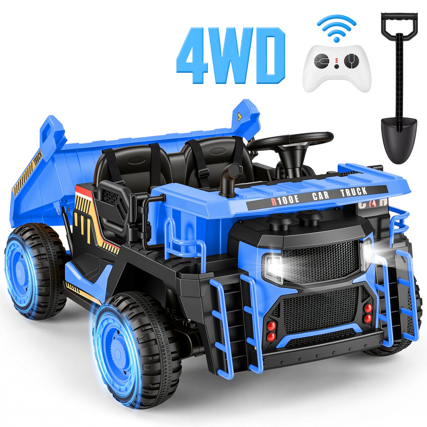 Wisairt 24V Ride On Dump Truck for Kids, 2 Seater 4WD Electric Truck, 4×200W Motors, Remote Control, Automatic Dump Bed, Shovel, Soft Start, LED Lights, USB/MP3 Music