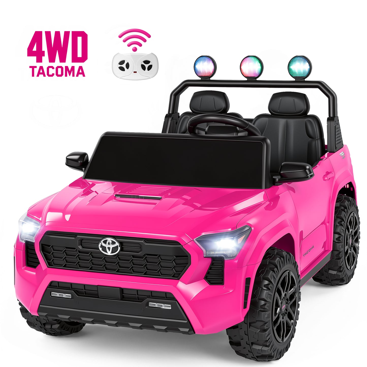 24V Ride On Car for Kids, 4WD Licensed Toyota Tacoma Battery Powered Ride On Toy with Remote Control, 2 Seater Power Truck Wheels, Colorful Lights, Music, Electric Car for Boys Girls 3–8, Pink