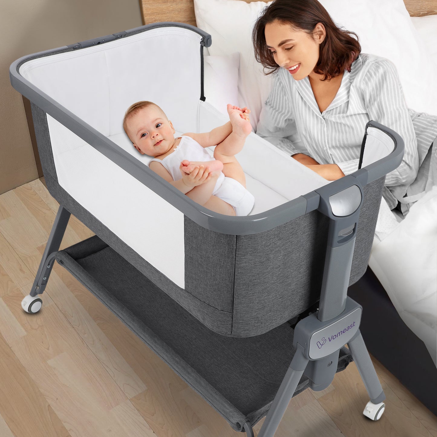 Vomeast Baby Bassinet, Bedside Sleeper Bedside Crib, Folding Portable Crib with Zipper, Grey