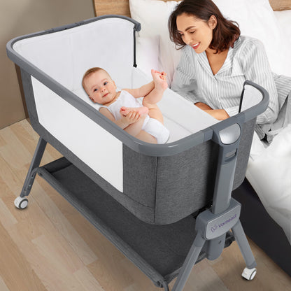Vomeast Baby Bassinet, Bedside Sleeper Bedside Crib, Folding Portable Crib with Zipper, Grey