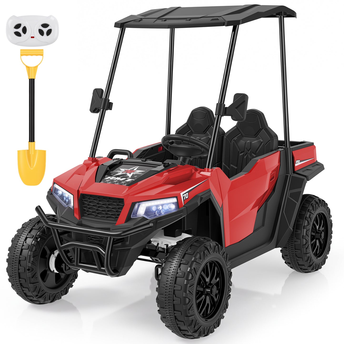 Wisairt 24V Kids Golf Cart, 4WD 2-Seater Electric Ride On Car for Big Kids, 4×200W Motors, Ages 3-8, Remote Control, Detachable Awning, Electric Dump Bed & Shovel