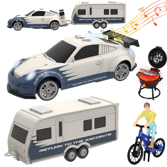 Wisairt Toy Trucks and RV Camper Trailer Vehicle Playset, 1:18 Scale cars with Sounds and Light for Aged 3+ Boys Girls Birthday Party Gifts（Apricot）