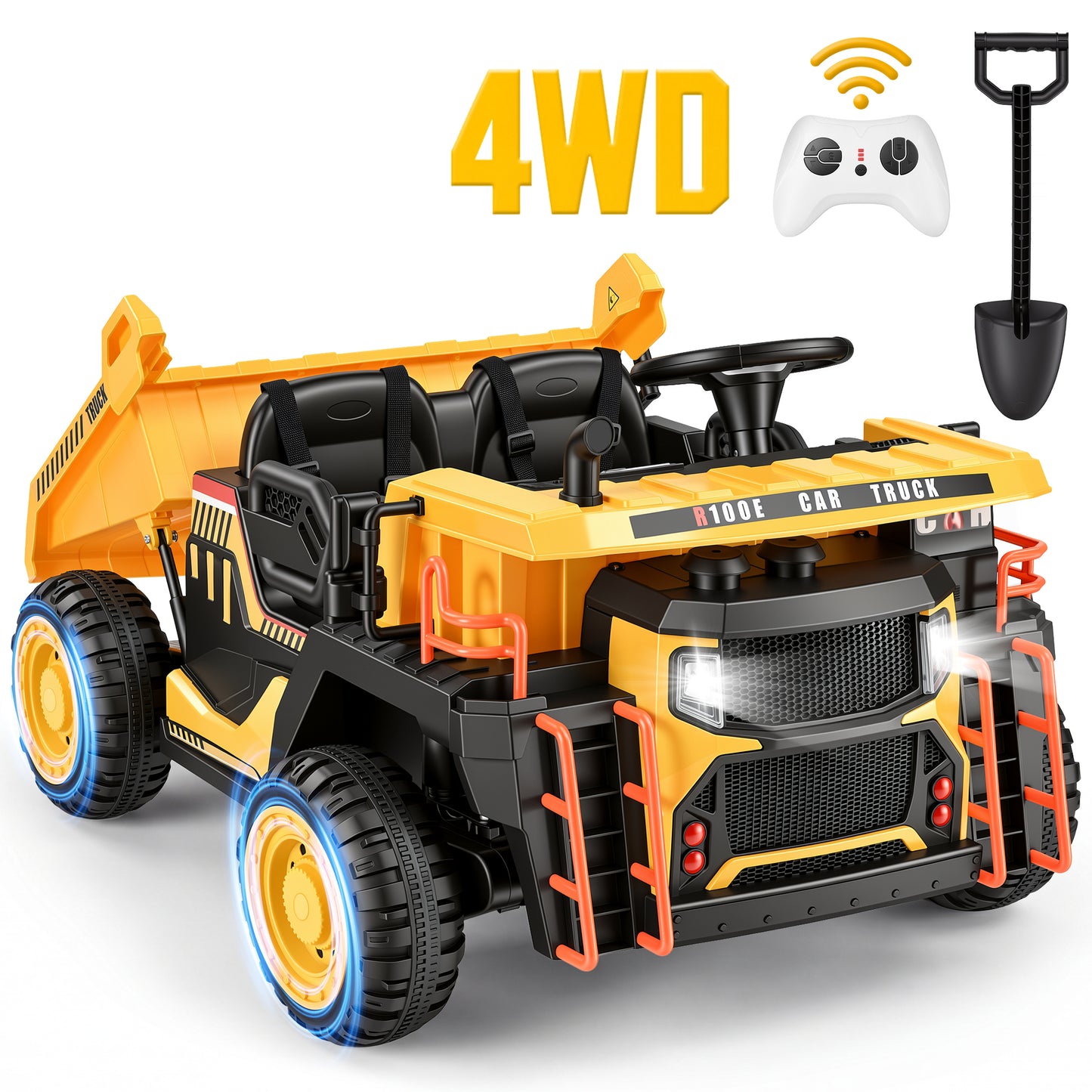 Wisairt 24V Ride On Dump Truck for Kids, 2 Seater 4WD Electric Truck, 4×200W Motors, Remote Control, Automatic Dump Bed, Shovel, Soft Start, LED Lights, USB/MP3 Music
