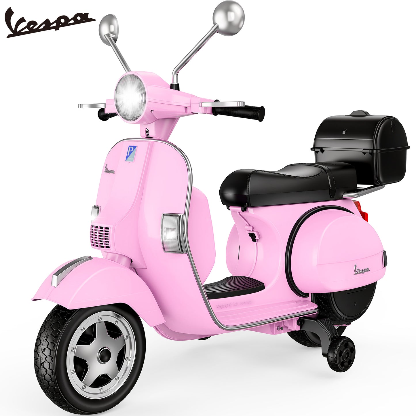 Vespa Officially Licensed 12V Kids Ride On Motorcycle, Dual 100W Motors Electric Scooter with Training Wheels, PU Seat, Storage Trunk, Music & LED Lights, Ages 3-6