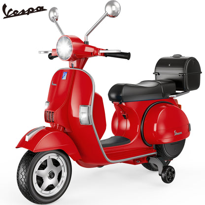 Vespa Officially Licensed 12V Kids Ride On Motorcycle, Dual 100W Motors Electric Scooter with Training Wheels, PU Seat, Storage Trunk, Music & LED Lights, Ages 3-6