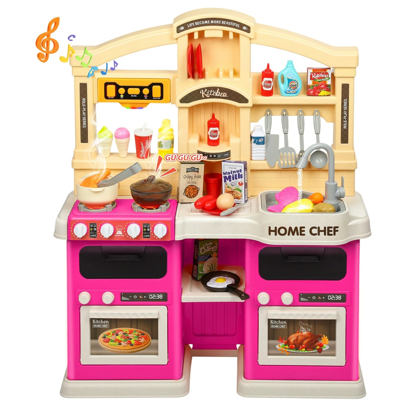 Wisairt Play Kitchen Set, 2.6FT Tall Kids Play Kitchen w/ Realistic Lights Sounds Simulation Spray for Toddlers Girls Boys Gift, Orange - 22x12.6x31.5in