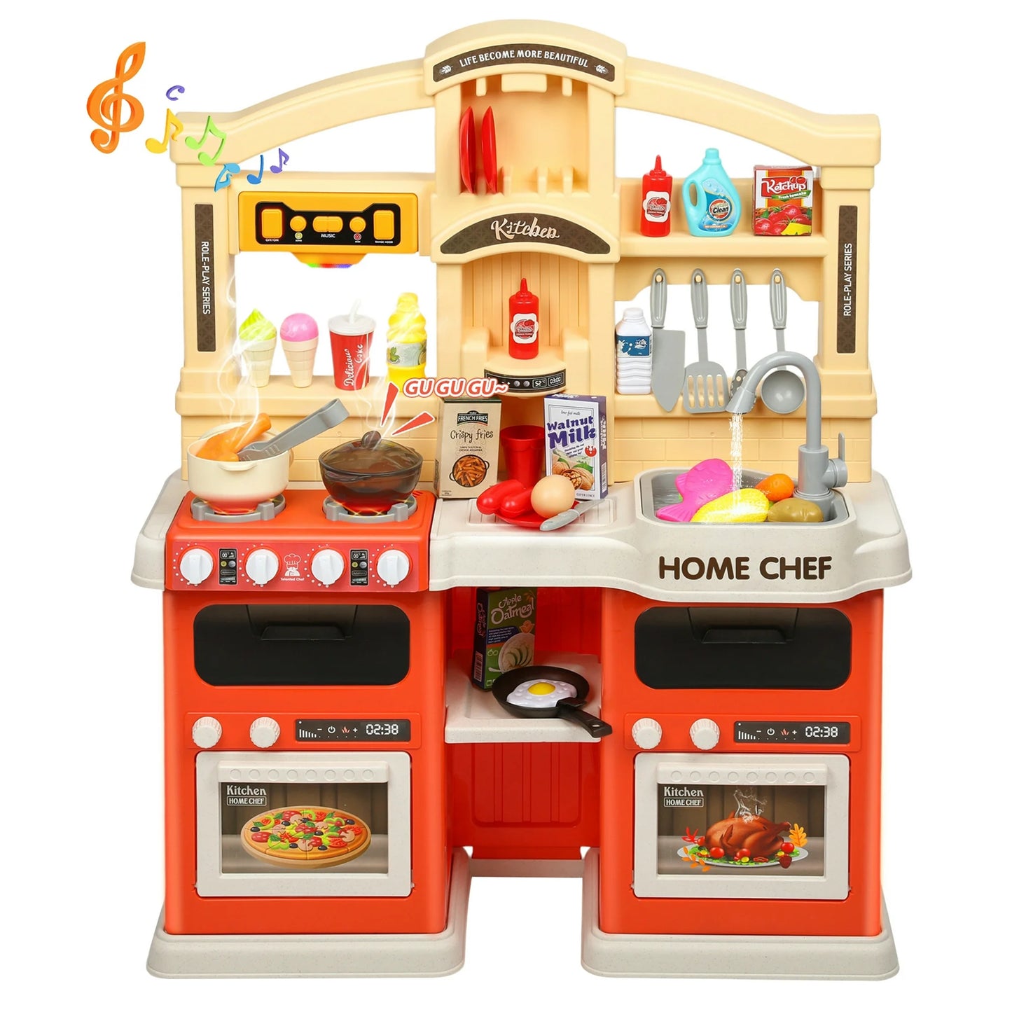 Wisairt Play Kitchen Set, 2.6FT Tall Kids Play Kitchen w/ Realistic Lights Sounds Simulation Spray for Toddlers Girls Boys Gift, Orange - 22x12.6x31.5in
