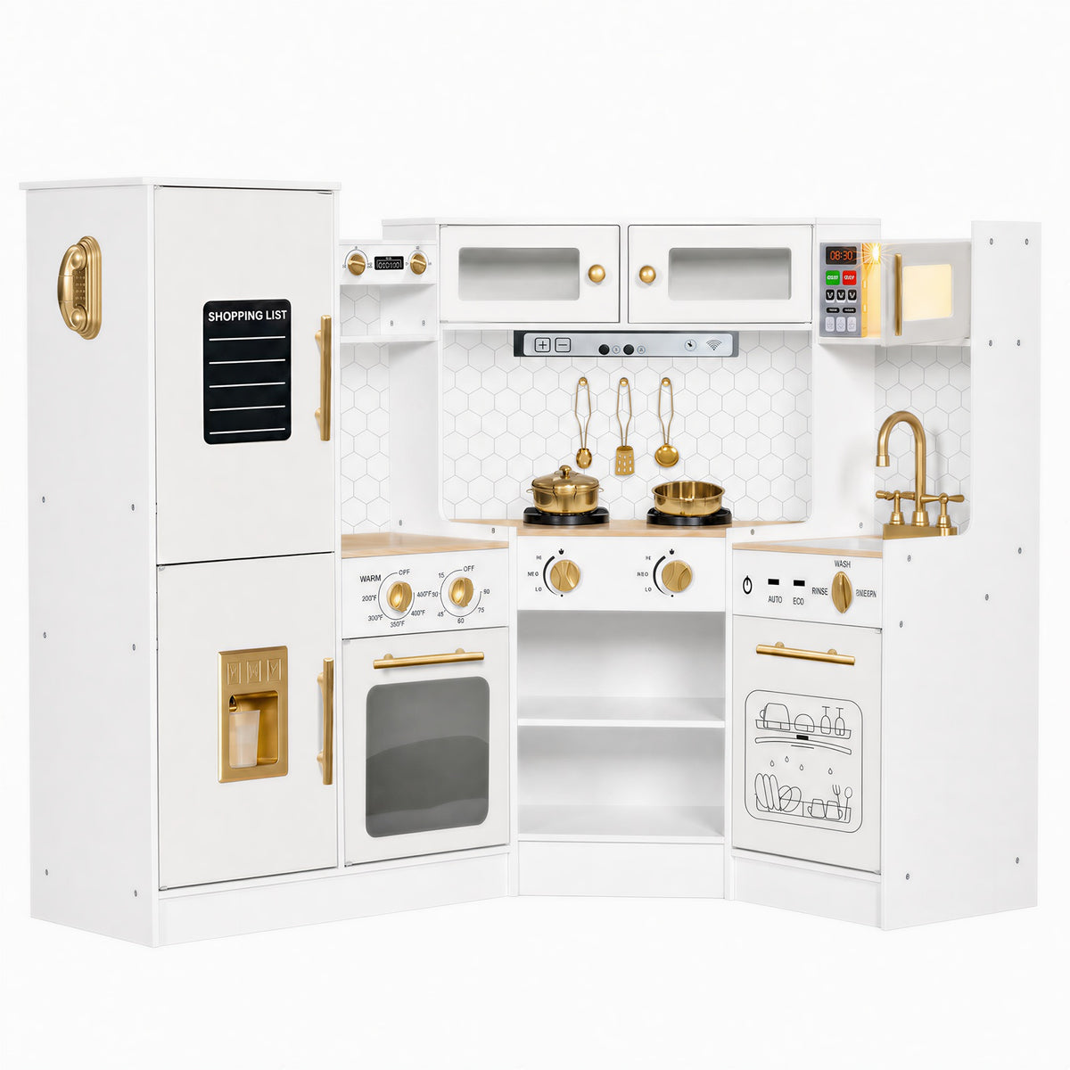 Wisairt Corner Play Kitchen Set, Wooden kids play kitchen with Lights & Sounds, Microwave, Refrigerator for Boys Girls Age 3+, White