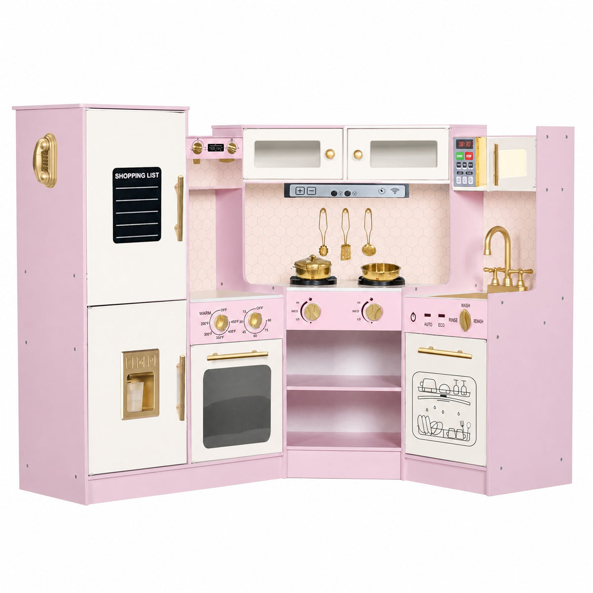 Wisairt Wooden Play Kitchen Set, Pretened kids play kitchen with Oven, Microwave, Coffee Maker for Boys Girls Age 3-8, Pink