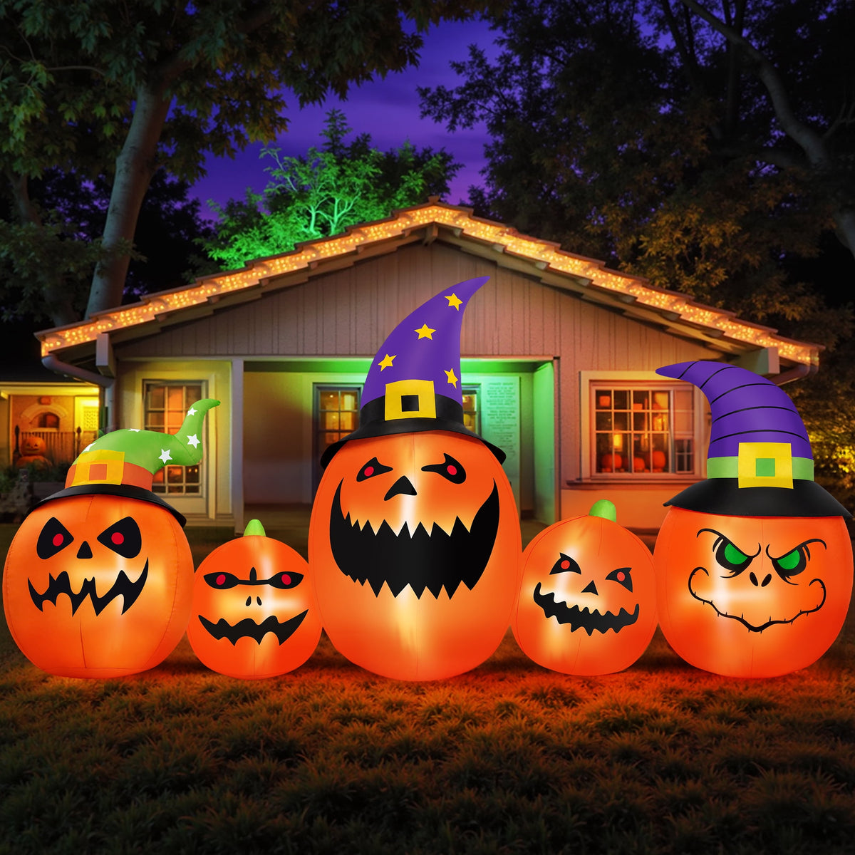 8ft Inflatable Five Pumpkins with Bright LED Lights - Outdoor Halloween Yard Decor