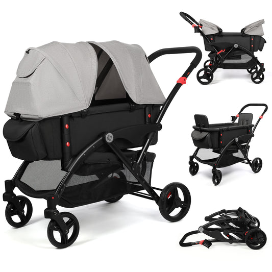 Vomeast Wagon Stroller with Canopy, 2-Seat Stroller Wagon for Kids, 5-Point Harness, Foldable, Gray & Black