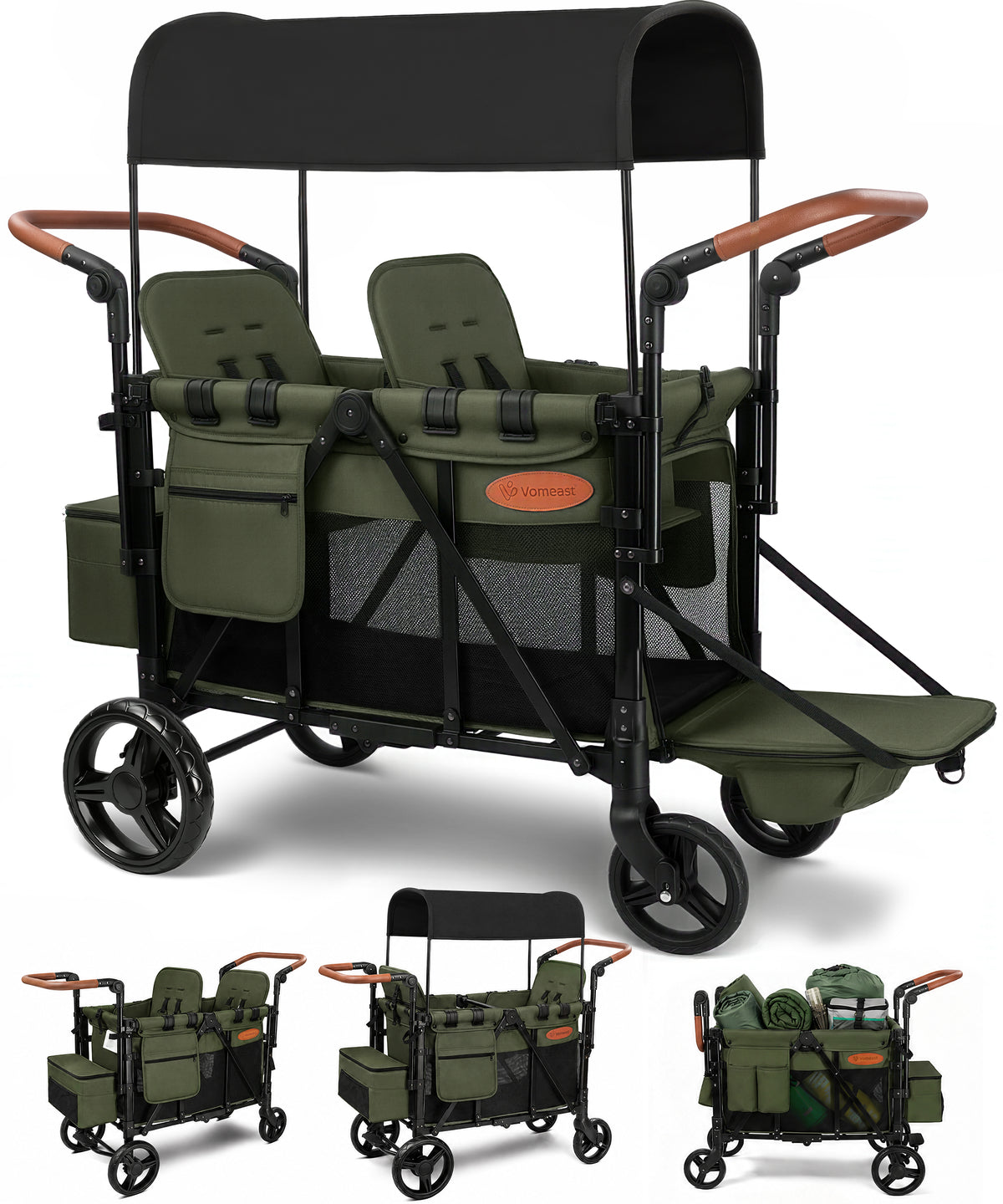 Vomeast Upgrade Wagon Stroller for 2 Kids, 2-Seater Outdoor Baby Stroller Wagon with Canopy, 5-Point Harness, Adjustable Handle(Black)