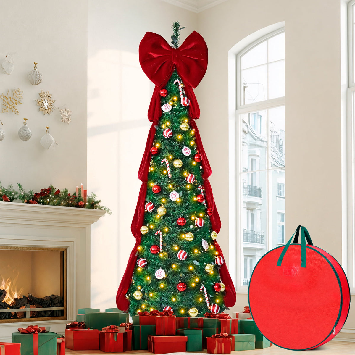 6FT Pop-Up Christmas Tree, 200 Warm White LEDs 8 Modes with Ornaments Set