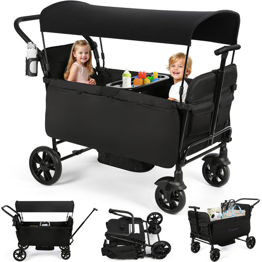 Vomeast Wagon Stroller for Kids, Spacious 2/4-Seater Stroller Wagon with Adjustable Canopy, Pull & Push Handle, 5-Point Harness, Foldable for Toddlers