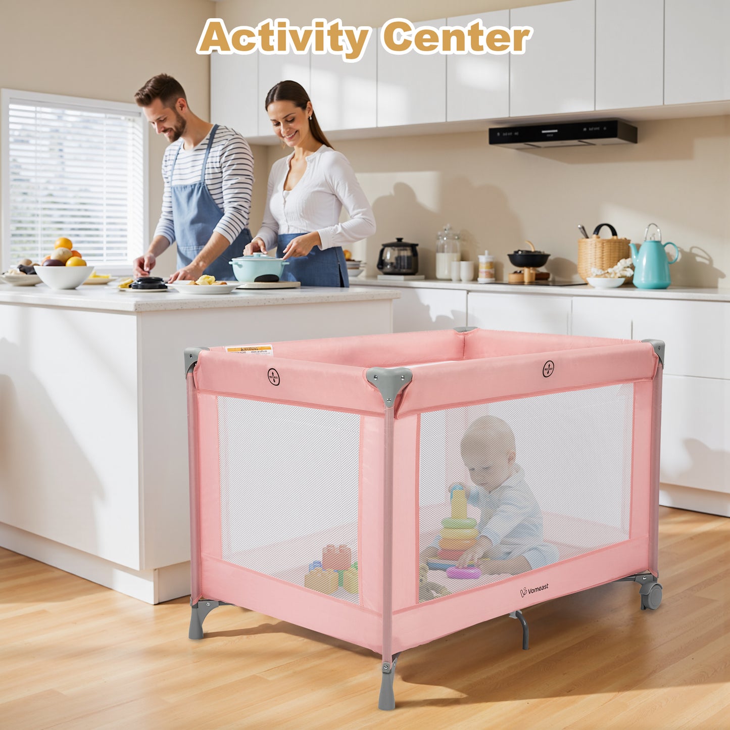 Vomeast Baby Playard Baby Bassinet with Toy Bar,Portable Crib Pack and Play,Play Yard,0-5 Months,Pink