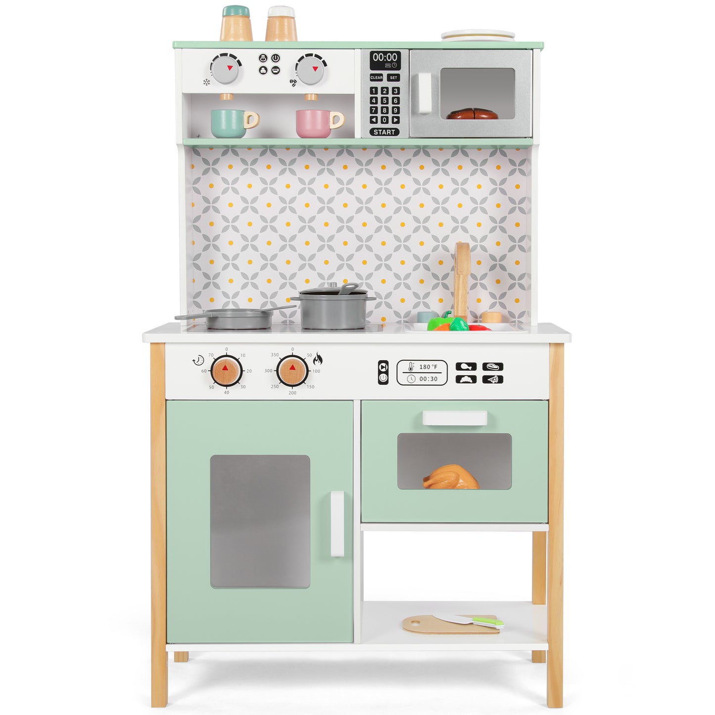 Wisairt Pretend Play Kitchen Set, Wooden Kitchen for Kids w/ Stove, Sink, Oven, Microwave, Coffee Maker Gift for Boys Girls Age 3-8