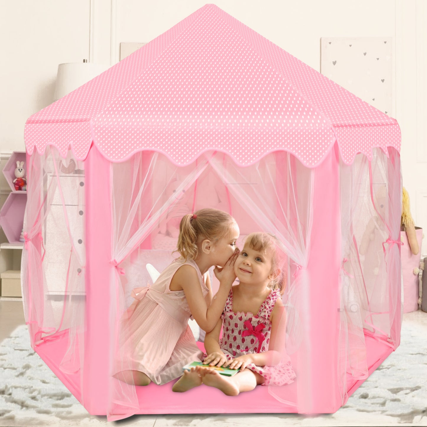 Wisairt Princess Castle Tent for Girls, Large Kids Playhouse with Star Lights for kids Toddlers Indoor Outdoor Toys (Pink)
