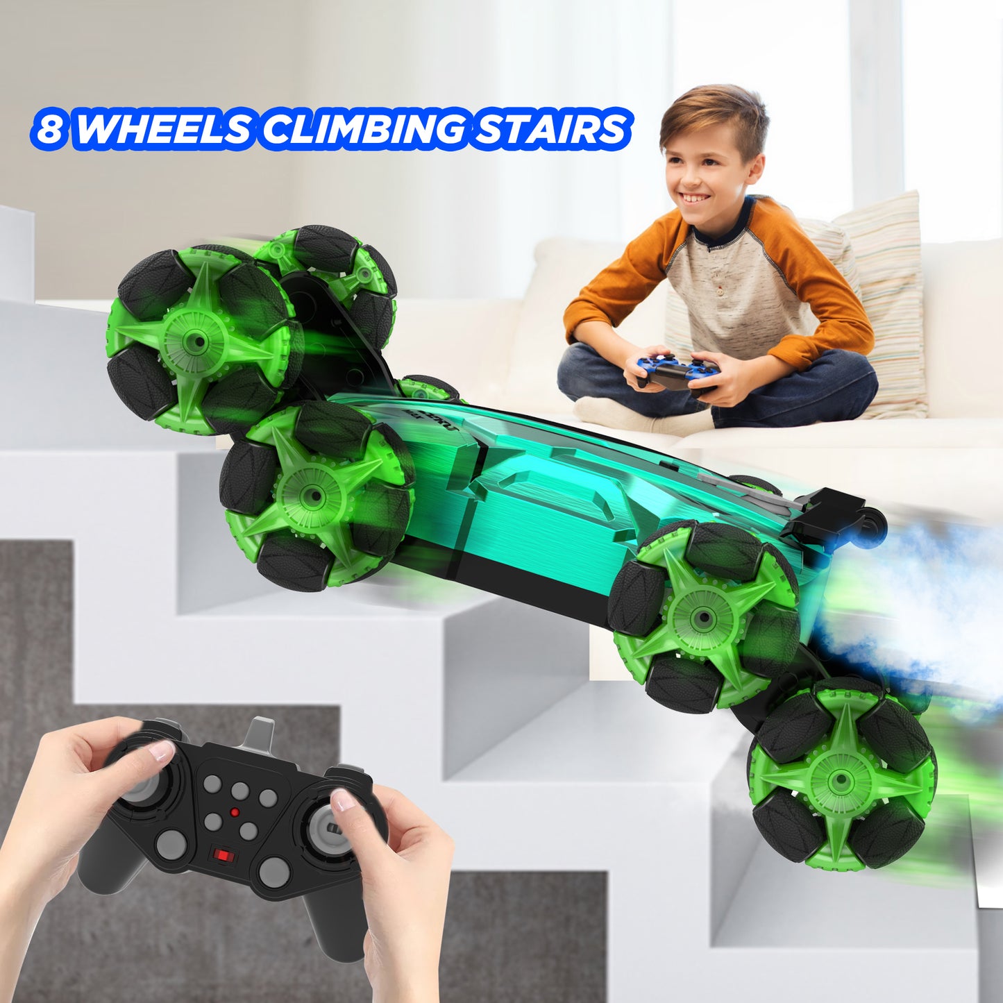 WISAIRT Remote Control Monster Truck,1:18 RC Drift Car with Spray 360 Degress Stunt Car Toys for Kids Boys Girls 6+ Birthday Gifts(Green)