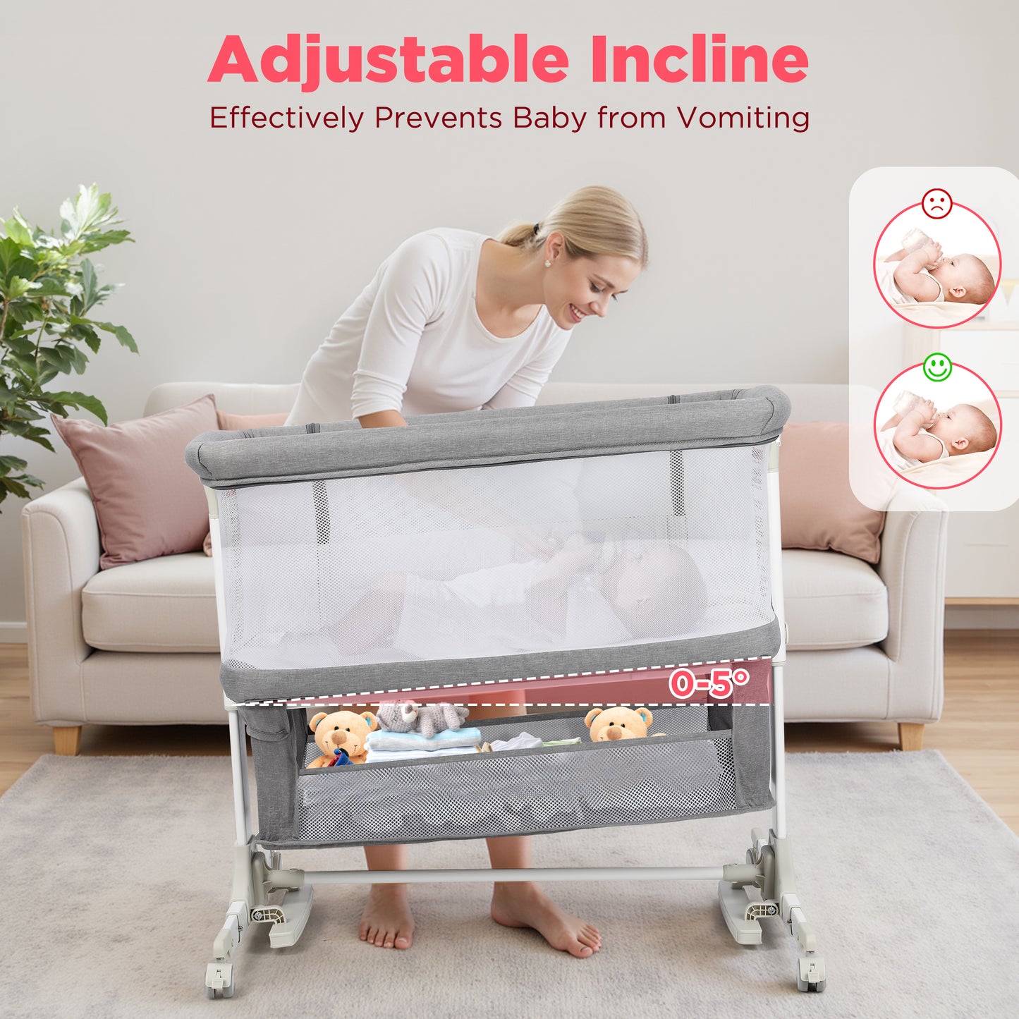 Vomeast Baby Bassinet Bedside Sleeper with Wheels, Adjustable Height, Dual-Lock, Storage Bag for Newborns Infants, Gray