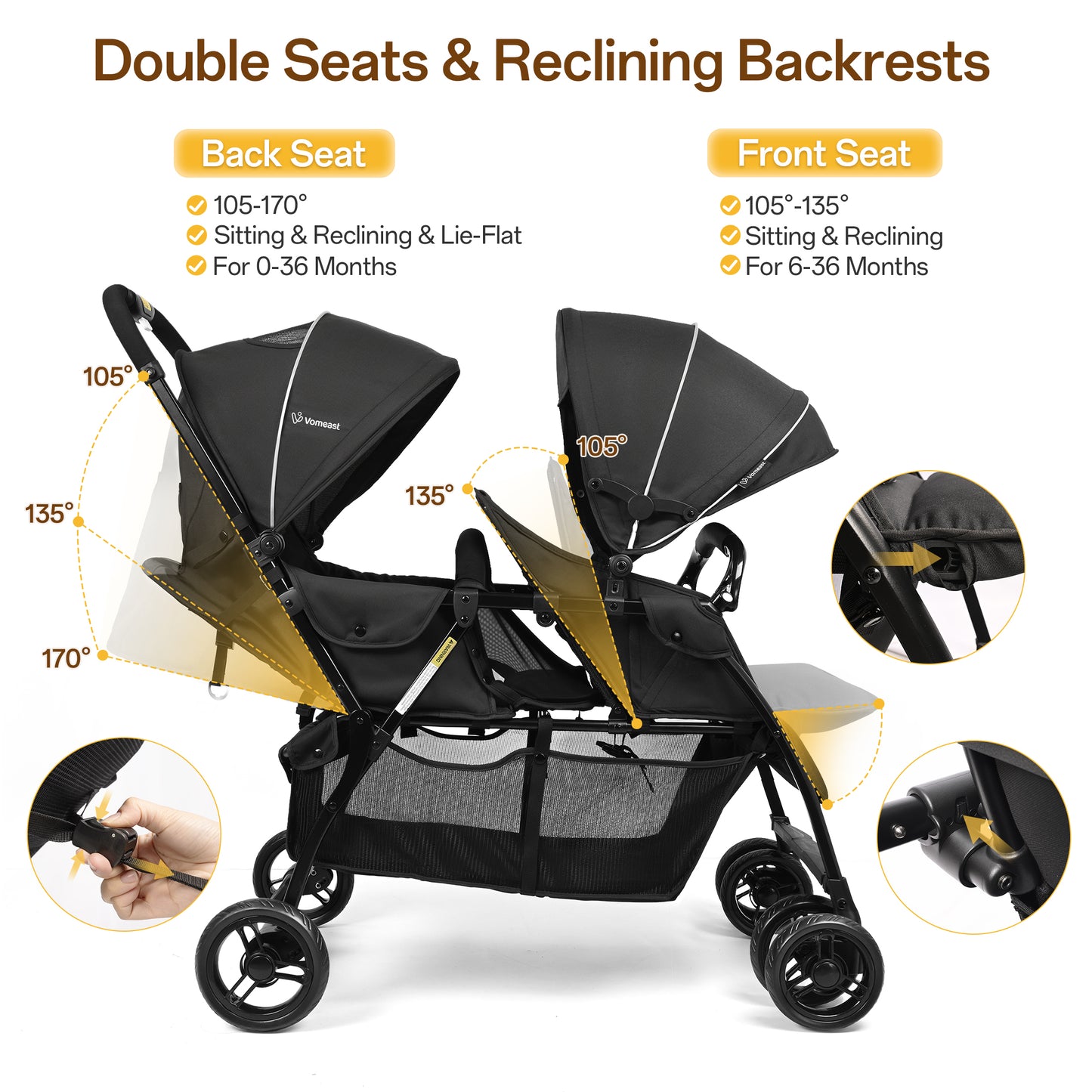 Vomeast double stroller for Twins, Foldable Lightweight Travel Stroller for infant and toddler, 5-Point Harness, Adjustable Canopy & Reclining Seat
