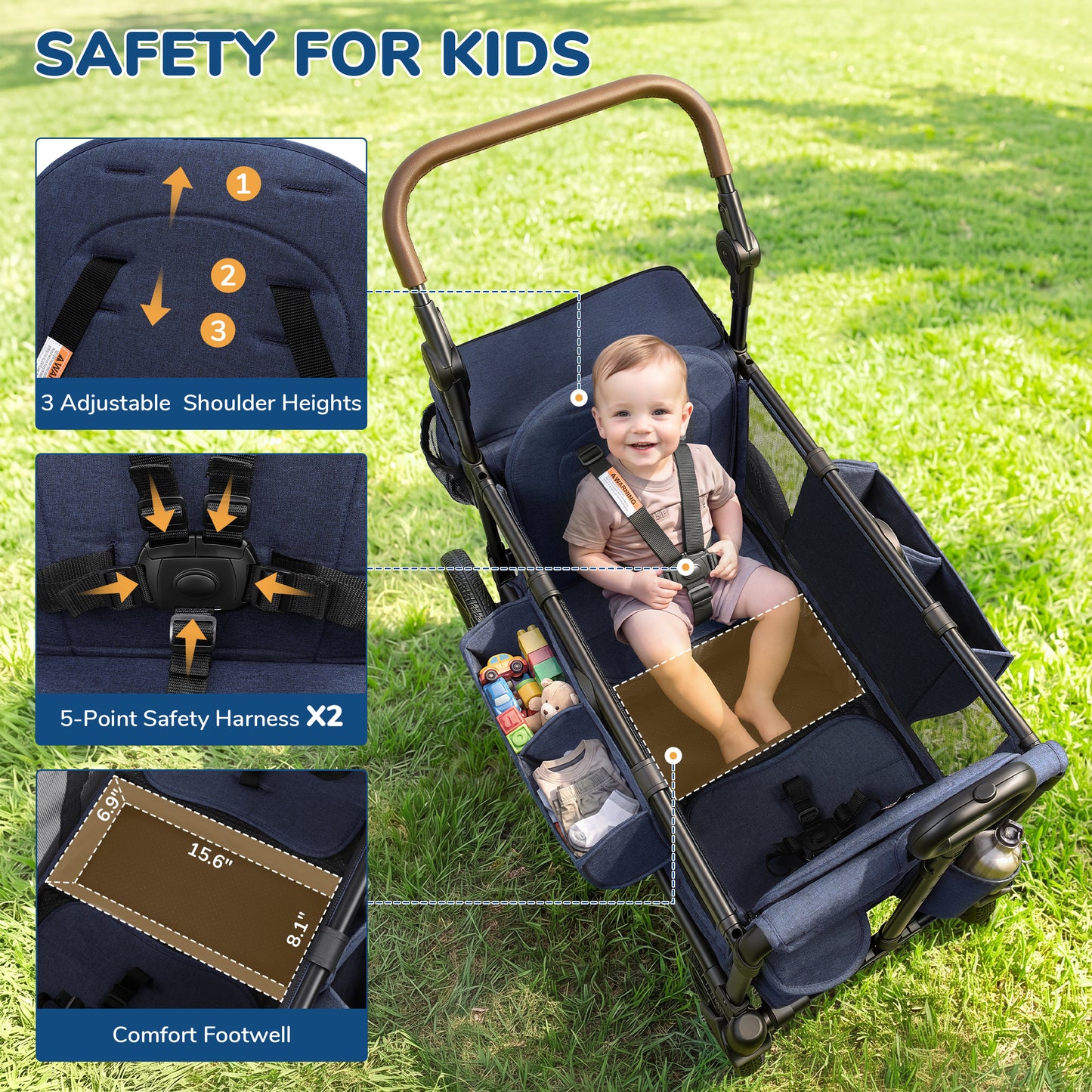 Vomeast Wagon Stroller with Tray,2-Seater Wagon for Kid,Side Entry,Blue
