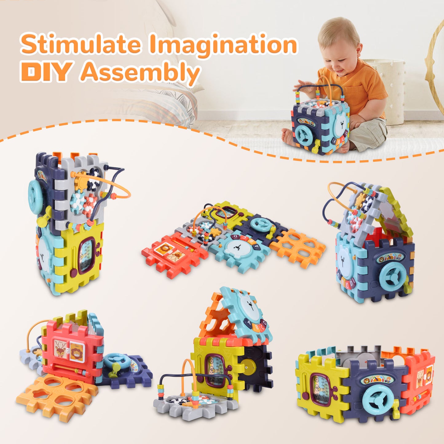 Vomeast 6-in-1 Baby Activity Cube w/ Music, Preschool Montessori Learning Toys for Toddlers Infant, for Birthday Christmas Baby Shower Gifts, Multicolor