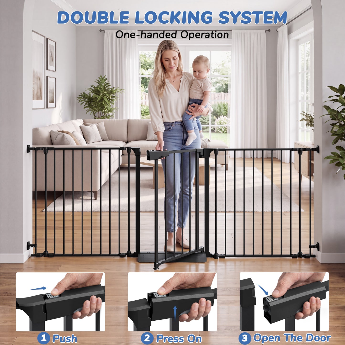 Vomeast 34.6"-84.2" Extra Wide Baby Safety Gate,Auto Close Pet Dog Gates for Stairs Doorways Fireplace,Anti-Trip Pedal,29.5" Tall,Black