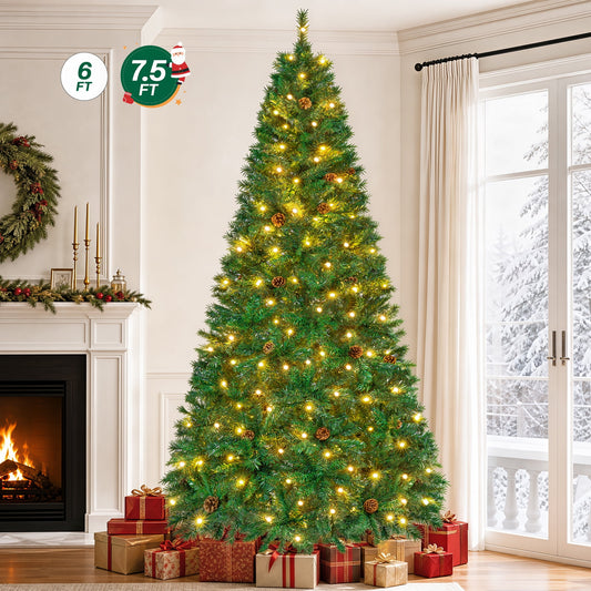 7.5FT Pre-Lit Artificial Christmas Tree, 1305 Tips Full Green Pine with 300 LED 8 Modes