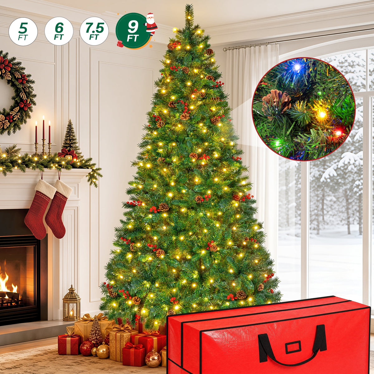 9FT Pre-Lit Artificial Christmas Tree, 2008 Tips Full Green Pine with 700 LED 11 Modes