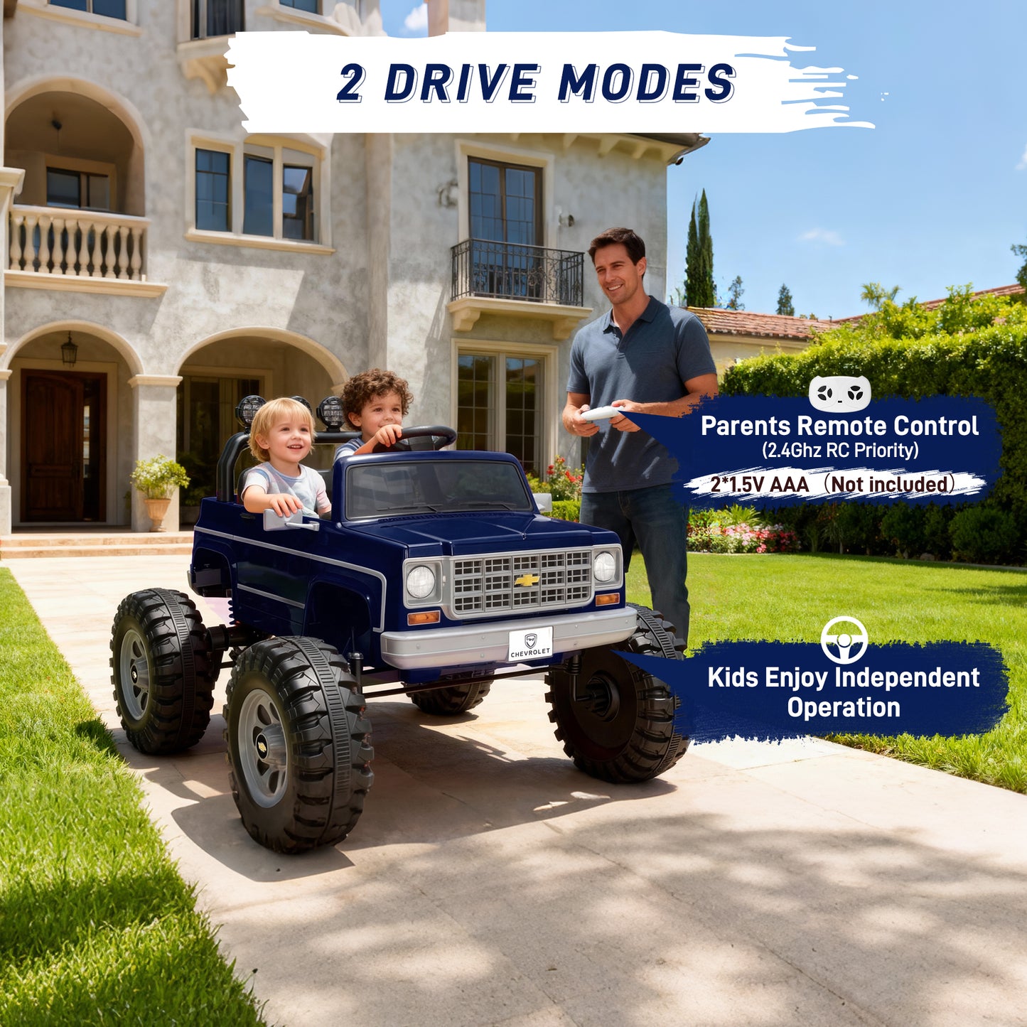 Chevrolet Cheyenne 24 Volt Ride on Toys with Remote, Ride on Truck for Big Kids 3-8 Years, Wisairt Power Car Wheels with 2 Seater, Blue