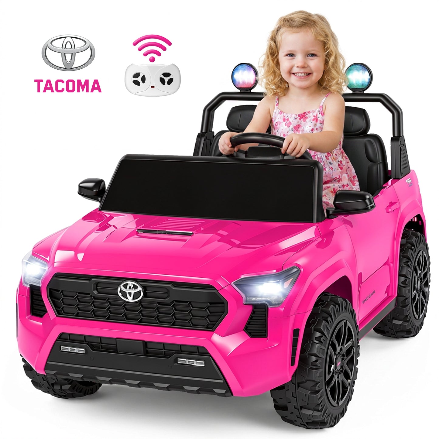24V Ride On Car for Kids, Licensed Toyota Tacoma 2 Seater Battery Powered Ride On Truck Toy with Remote Control, 4 Wheel Suspension, Colorful Lights, Music, Electric Car for Boys Girls 3–8, Pink
