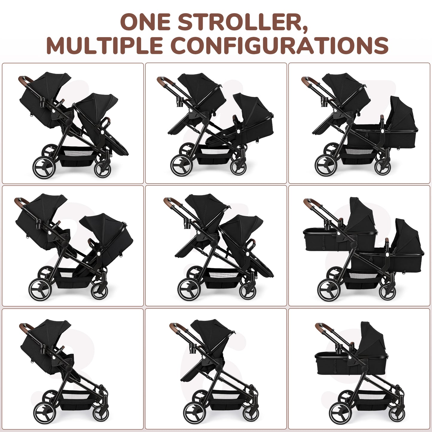 Vomeast Double Stroller for Infant and Toddlers, Foldable Twin Baby Strollers, Reversible Seat, 5-Point Harness, Adjustable Canopy & Reclining Seat