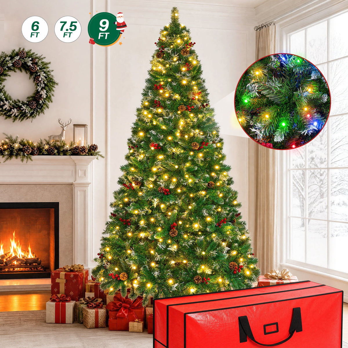 9FT Pre-Lit Artificial Christmas Tree, 2008 Tips Snow-Tipped Pine, 700 LED lights with 11 Modes Adjustable