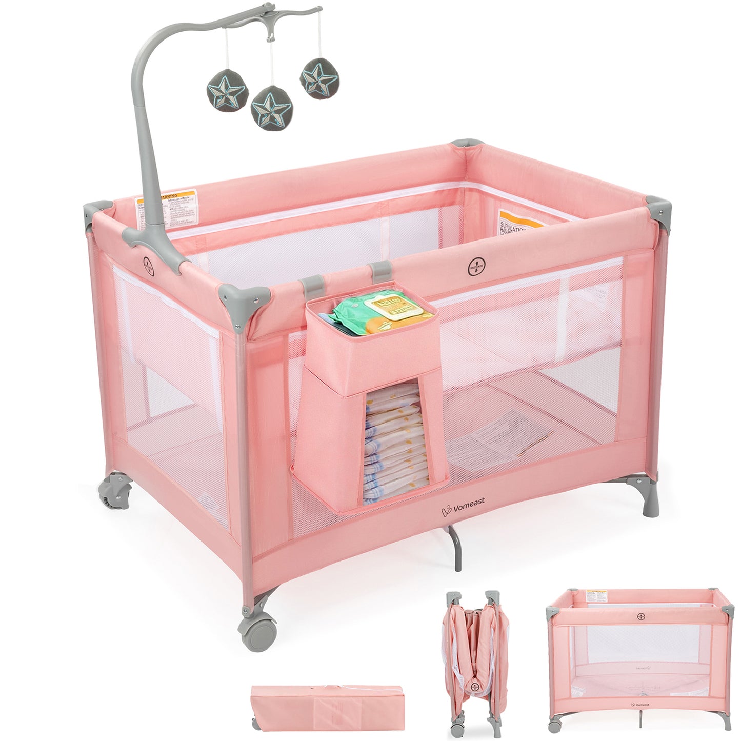 Vomeast Baby Playard Baby Bassinet with Toy Bar,Portable Crib Pack and Play,Play Yard,0-5 Months,Pink