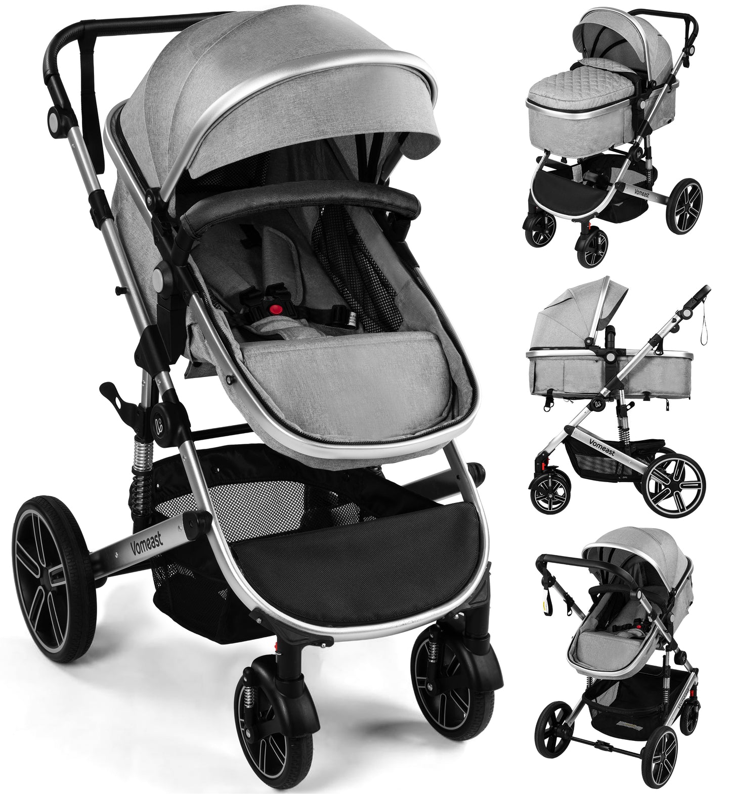 Vomeast Baby Stroller, Foldable Aluminum Alloy Stroller with Reversible Bassinet