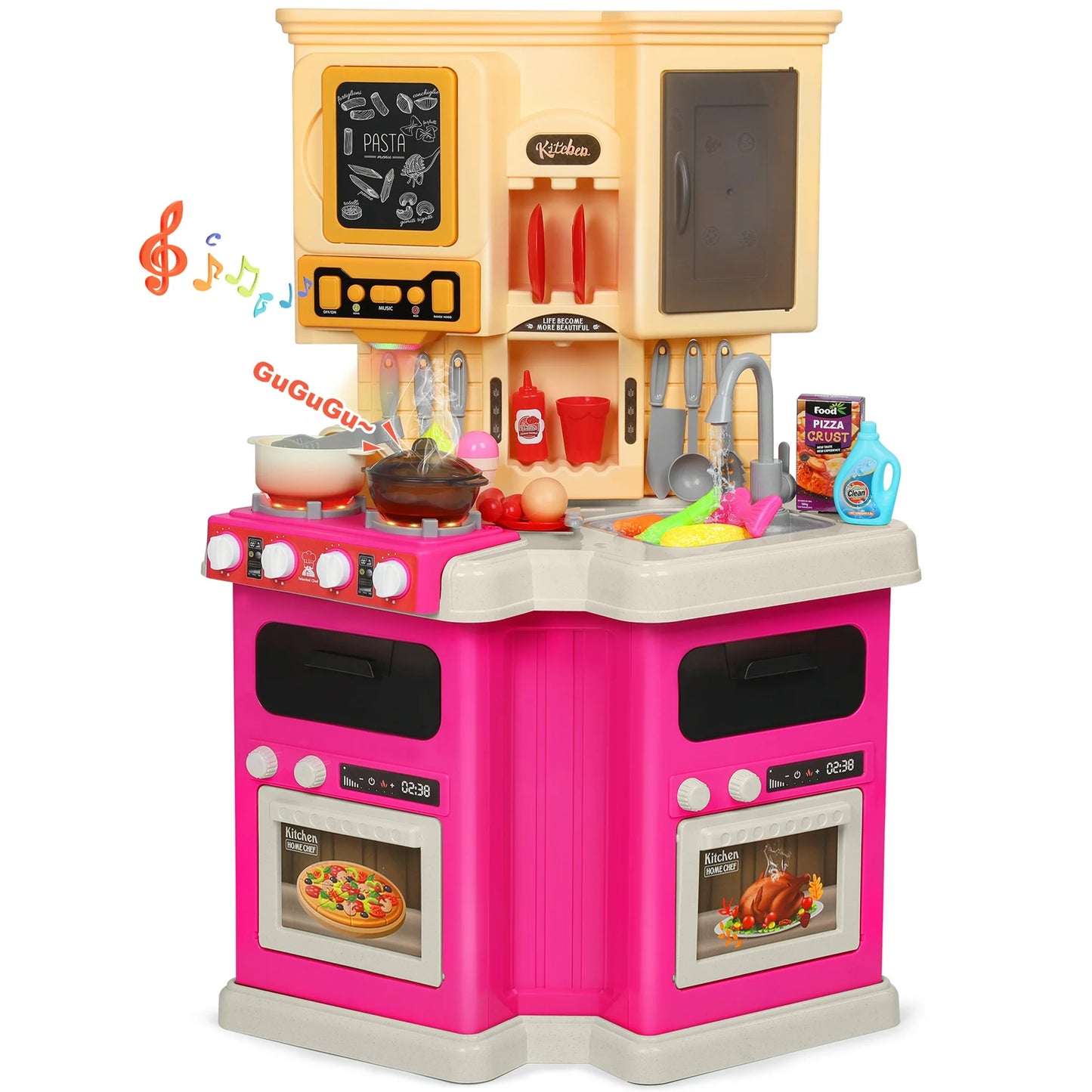 Wisairt Play Kitchen Set, 2.6FT Tall Kids Play Kitchen w/ Realistic Lights Sounds Simulation Spray for Toddlers Girls Boys Gift, Orange - 22x12.6x31.5in