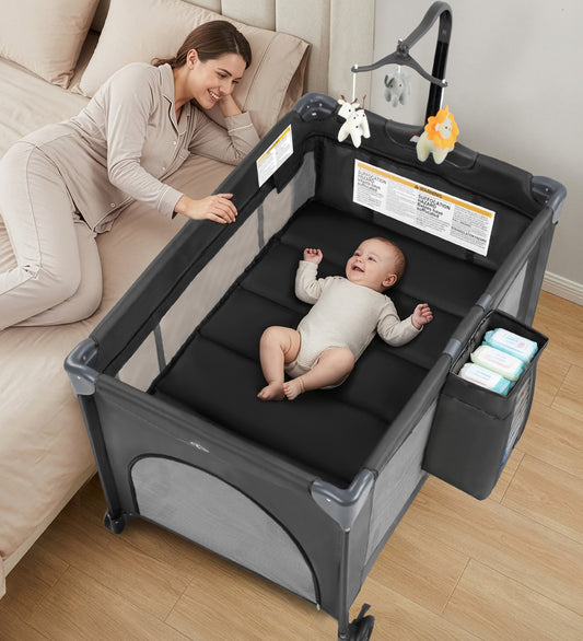 Vomeast Baby Playard,Foldable Baby Bassinet Pack and Play with Mattress and Toy Bar,Portable Crib Play Yard,0-5 Months,Black
