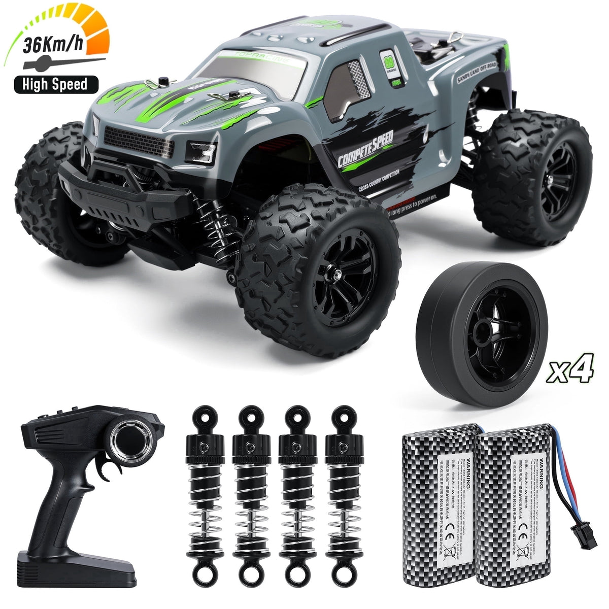 1:18 RC Car - 36KM/H High-Speed 4WD Remote Control Truck with Gyro, 2 Batteries & Drift Tires