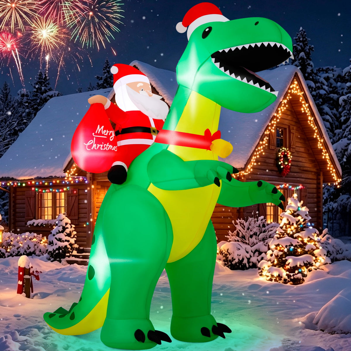 6FT Christmas Inflatable Santa Claus and Dinosaurs Outdoor Yard Decoration with Built-in LED lihgts,10s Fast Blow-up
