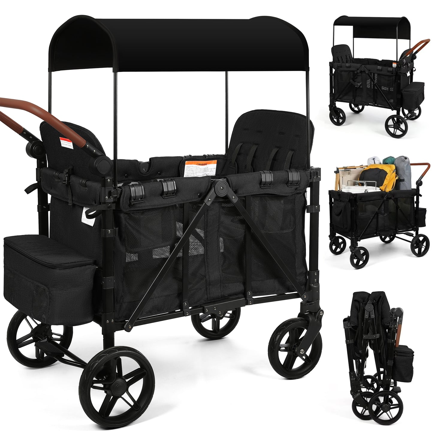 Vomeast Wagon Stroller for 2 Kids, 3-in-1 Outdoor Baby Stroller Wagon with Canopy, 5-Point Harness, Adjustable Handlebars, Removable Seat for Toddlers, Grey