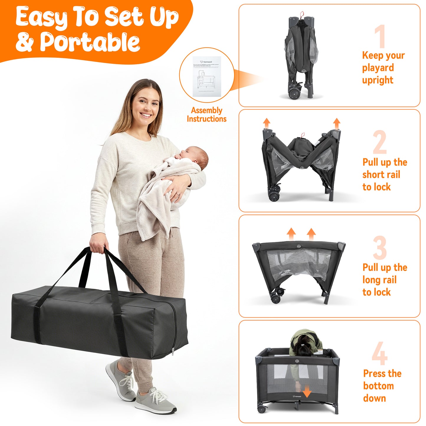 Vomeast Baby Playard,Portable Baby Bassinet Pack and Play with Mattress and Toy Bar,Foldable Bassinet Crib,0-5 Months,Black