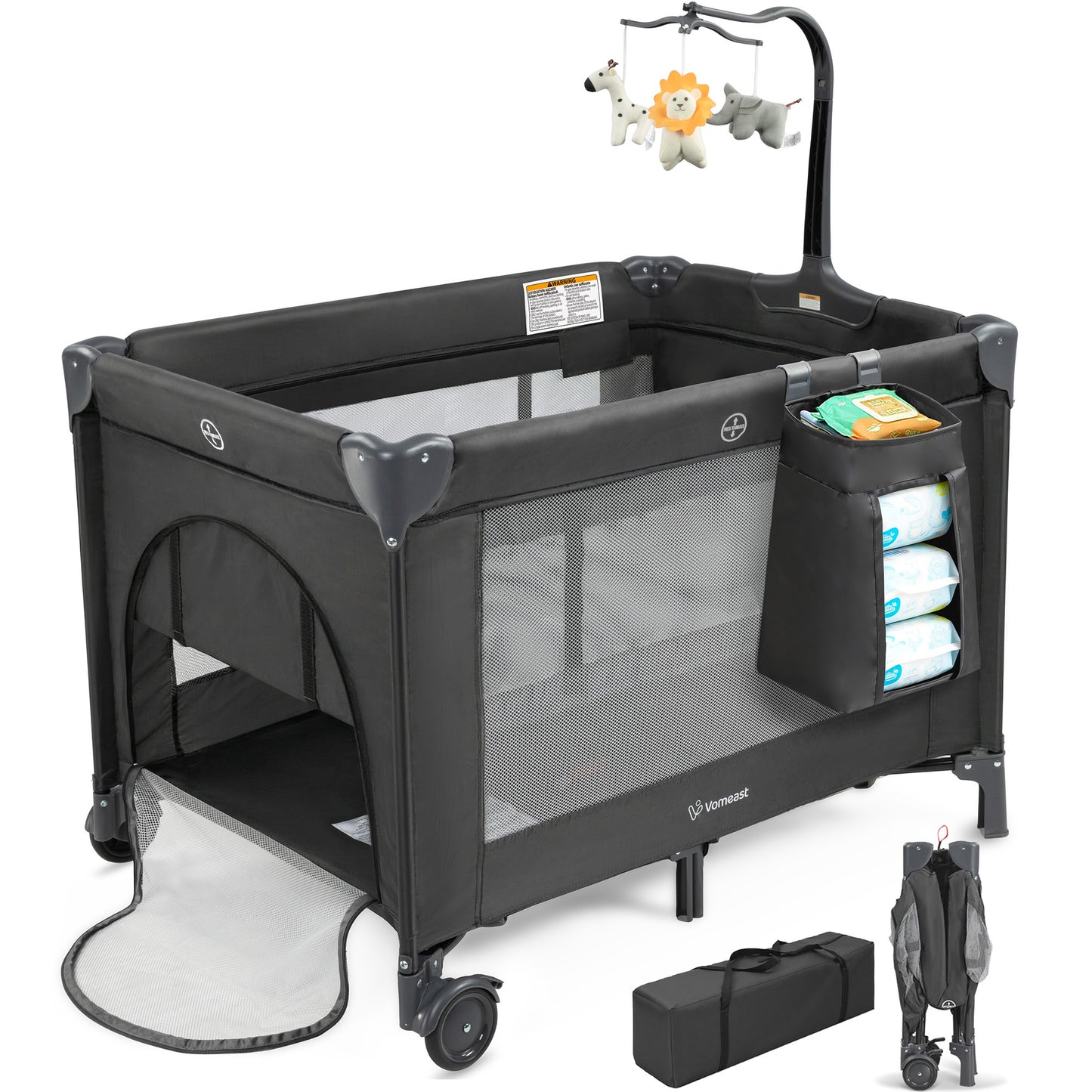 Vomeast Baby Playard,Portable Baby Bassinet Pack and Play with Mattress and Toy Bar,Foldable Bassinet Crib,0-5 Months,Black