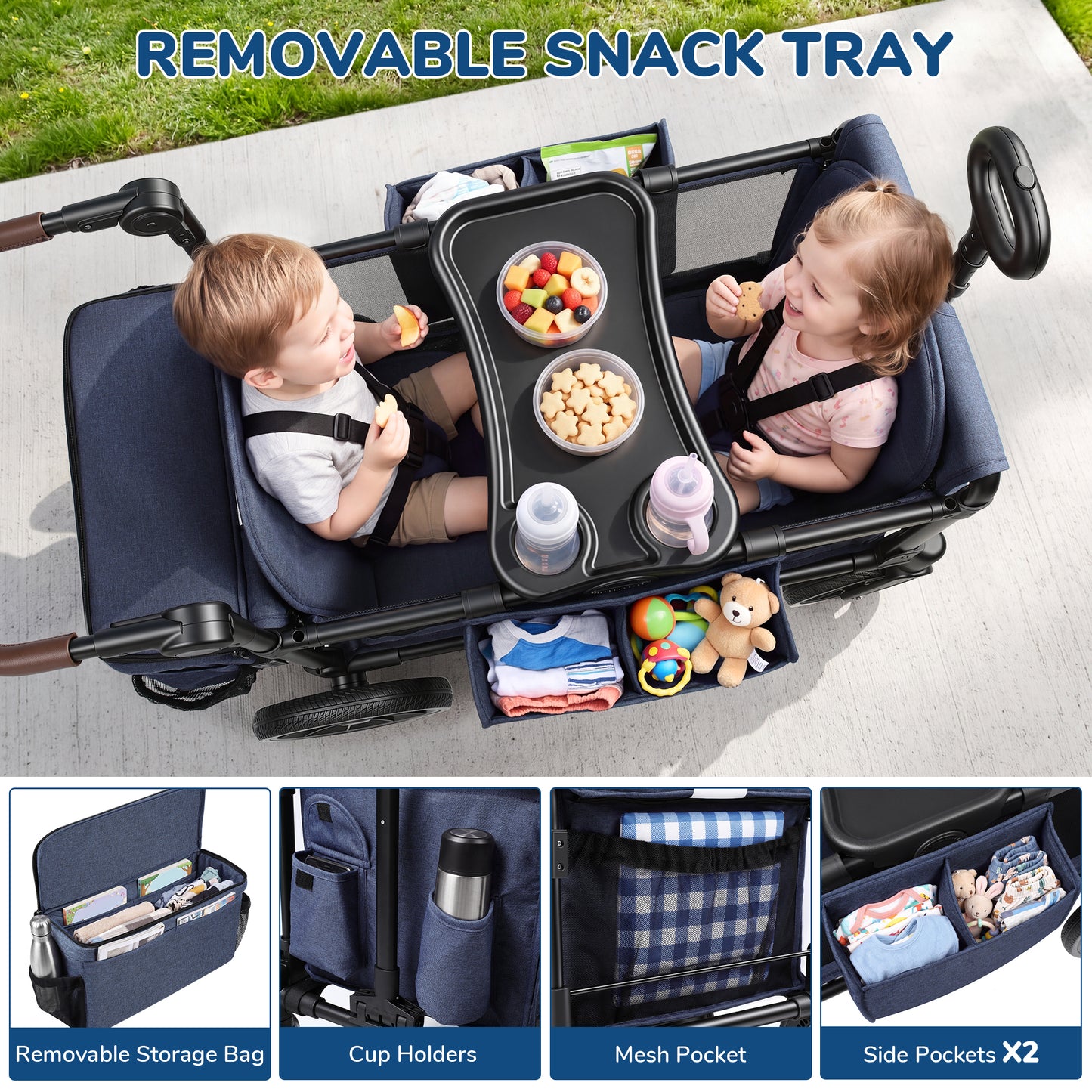 Vomeast Wagon Stroller with Tray,2-Seater Wagon for Kid,Side Entry,Black