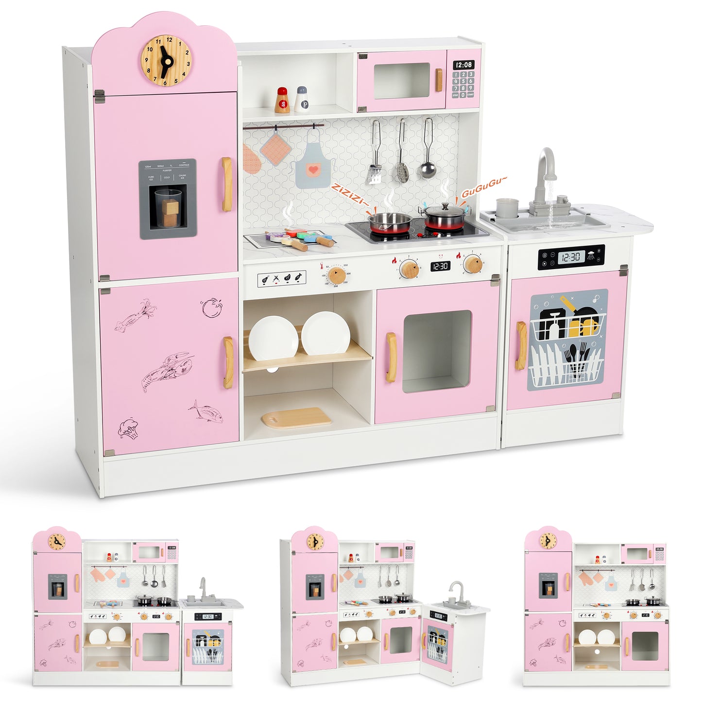 Wisairt Pretend Play Kitchen Set, 51.2in Wooden Kitchen for Kids w/ Chef's Costume Stove Sink Ice Maker Oven Microwave, Realistic Lights Sounds