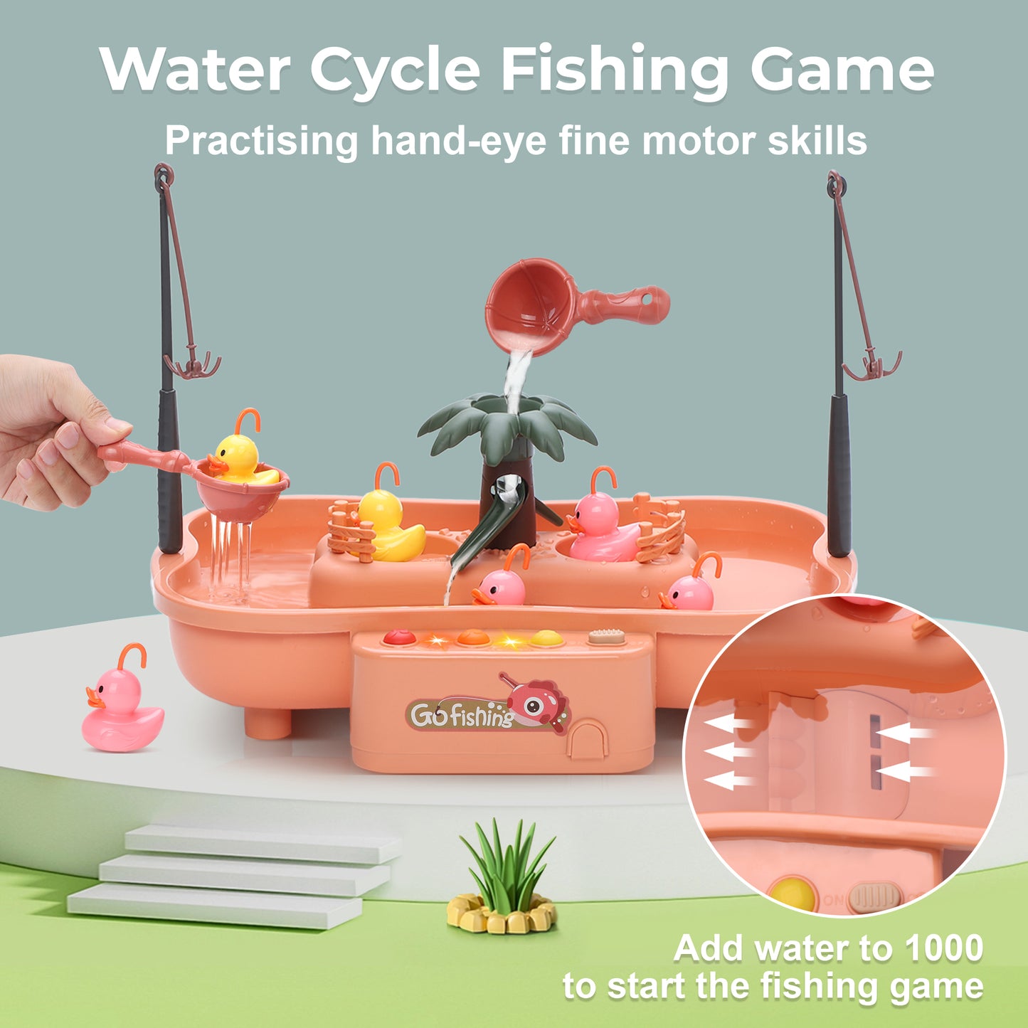 Fishing game set electric music fishing toy rotating fishing toy set with six nursery rhymes two-color lights children's fishing toy set pink