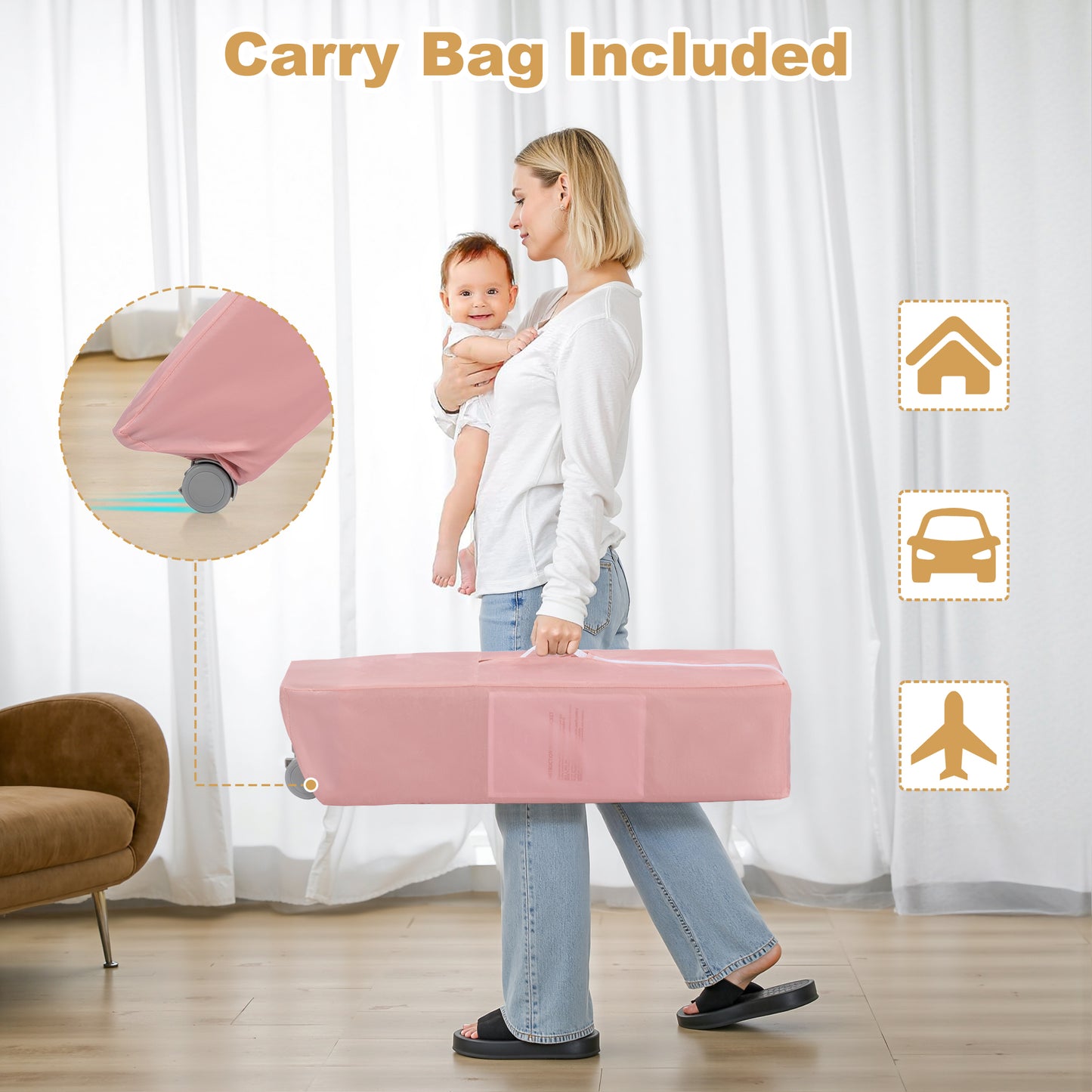 Vomeast Baby Playard Baby Bassinet with Toy Bar,Portable Crib Pack and Play,Play Yard,0-5 Months,Pink