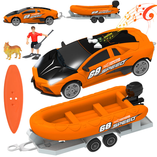 Wisairt Toy Trucks and Boat Trailer Vehicle Playset for Kids, 1:18 Scale cars with Sounds and Light for Aged 3+ Boys Girls Birthday Party Gifts（Orange）