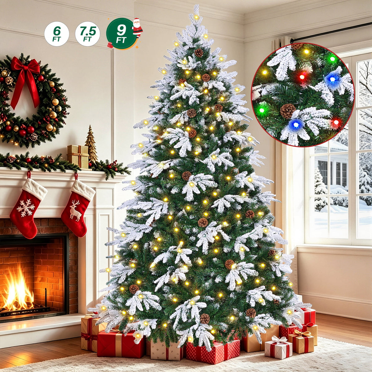 9FT Pre-Lit Flocked Snow-Tipped PE Realistic Christmas Tree, 1828 Tips, 600 LED 11 Modes