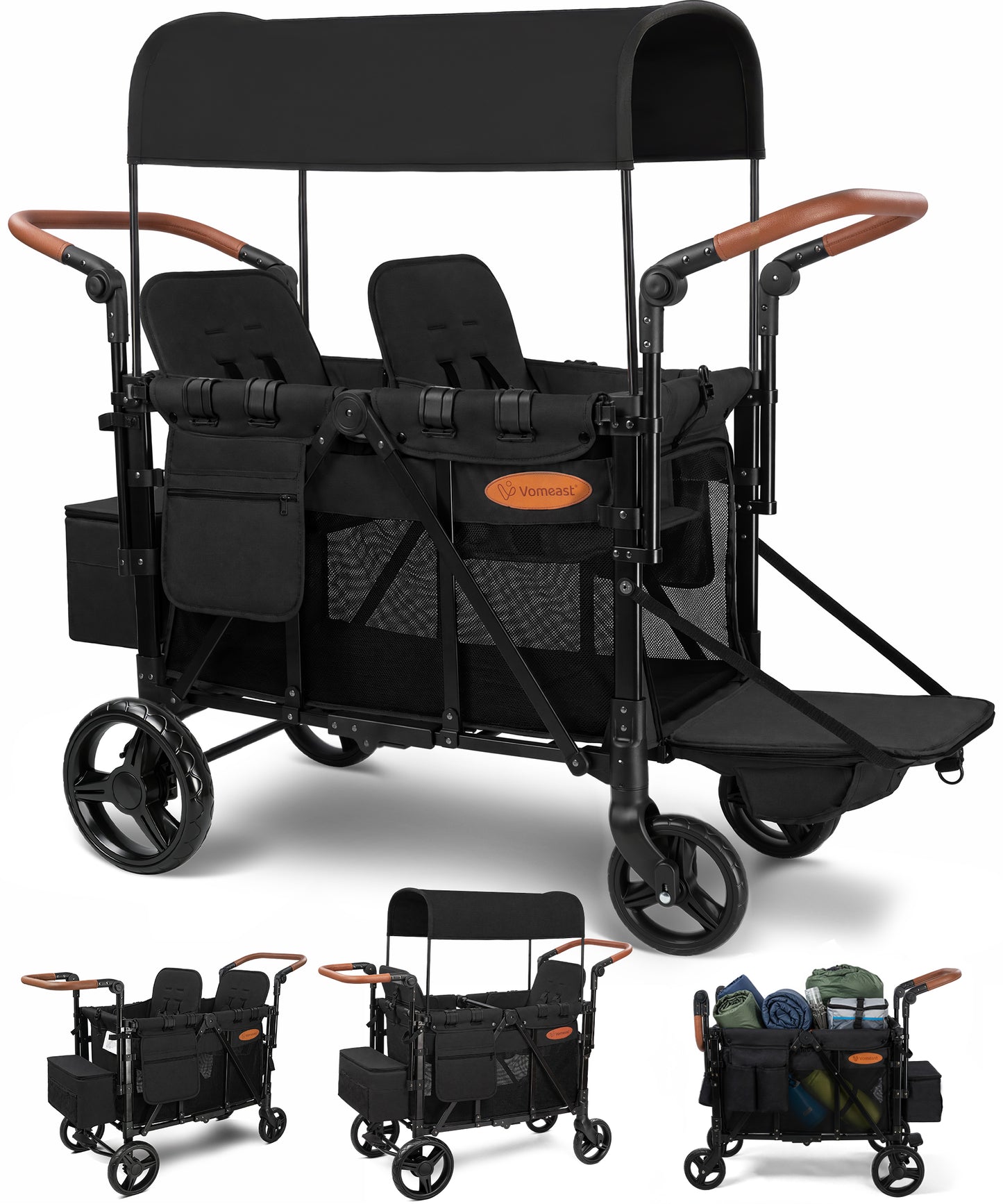 Vomeast Upgrade Wagon Stroller for 2 Kids, 2-Seater Outdoor Baby Stroller Wagon with Canopy, 5-Point Harness, Adjustable Handle(Black)