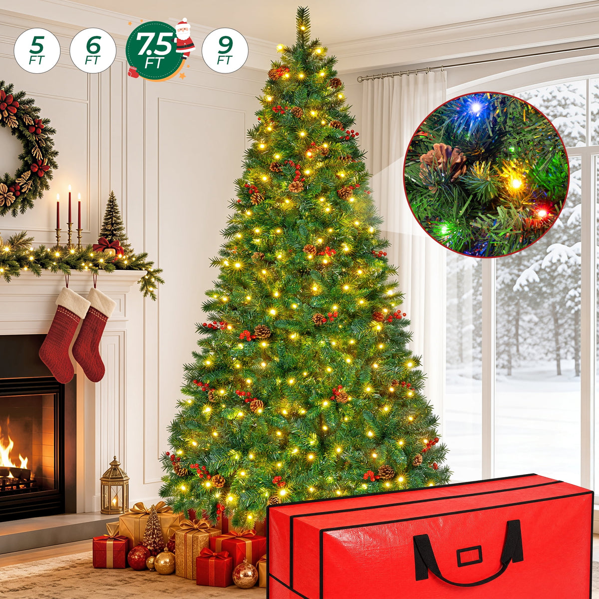 7.5FT Pre-Lit Artificial Christmas Tree, 1308 Tips Full Green Pine with 400 LED 11 Modes